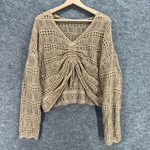Romwe Top Women L Large Brown Geometric Crochet V-Neck Long Sleeve Tasseled
